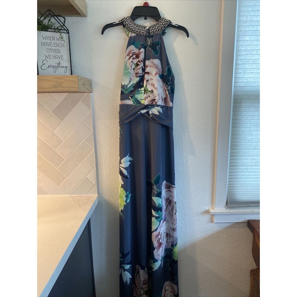 Women's Debut Gray Floral Neck Cross Rhinestone Dress Sz 6 US Or 10 London‎ - Picture 8 of 14